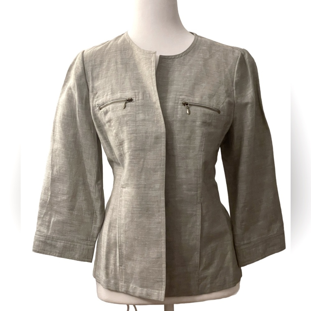 🌸NWOT CHICO’S Gray Linen 3/4 Sleeve Suit Jacket with 4 Pockets Size 0